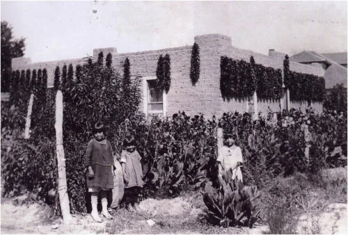 Three children standing in front of an adobe house with many ristras hanging along the roofline.