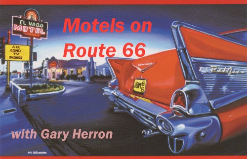 Air brushed illistration of the back of a classic car with fins and big chrome in front of El Vado motel. 