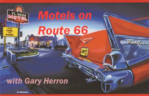 Air brushed illistration of the back of a classic car with fins and big chrome in front of El Vado motel. 