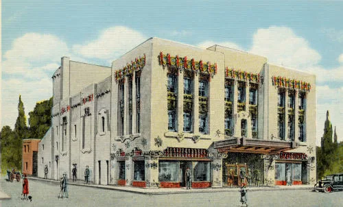Detailed drawing of the KiMo Theater, as seen from across the street.