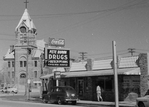 Monochrome photo showing the front of 