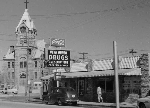 Monochrome photo showing the front of 