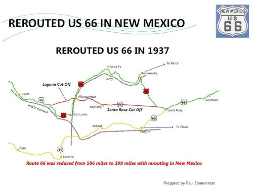 Color lines on white map labeled Rerouted US 66 in New Mexico. Rerouted in 1937. Map details too small to read clearly.